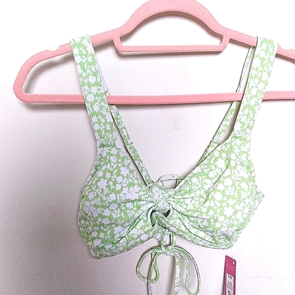 Xhilaration 90s Aesthetic Green and White Floral Print Tie Back Bikini Top D/DD